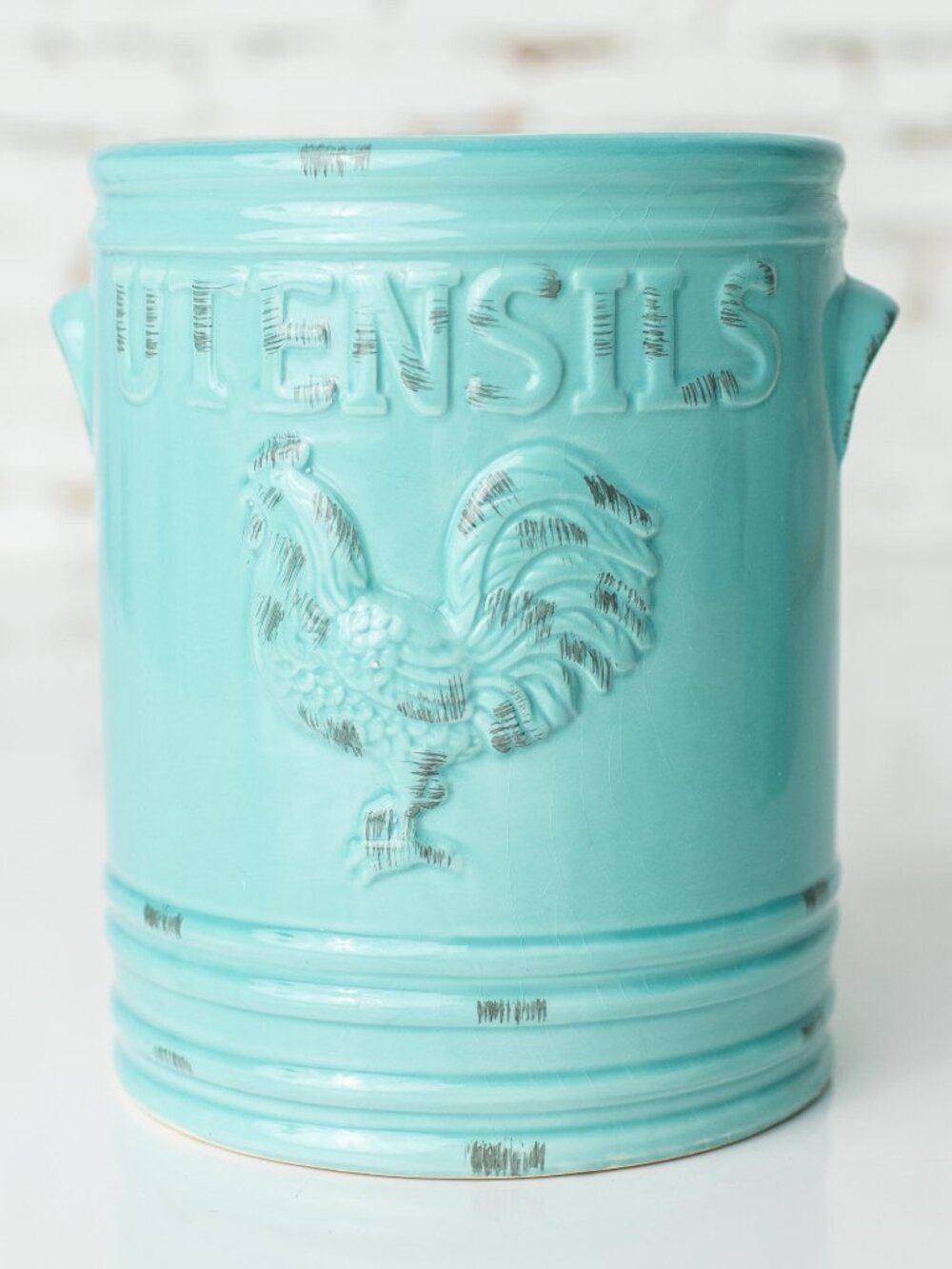 Home Essentials Vintage Rooster Collection Teal Ceramic Utensil Holder